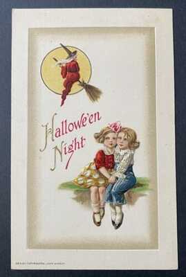 Vintage Winsch Halloween Postcard ~Children Look Up to Witch by Full Moon