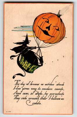 Halloween Postcard Fantasy Witch Owl Pumpkin Chariot Pumpkin Balloon Nash H-426