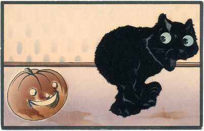 WHOA!  Halloween Card - Black Cat Felt Add-On Scared by Pumpkin   SUPER RARE!