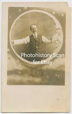 Arcade Studio Photo RPPC Circa 1908 Paper Moon Happy Welcoming Man w/ Watch Fob