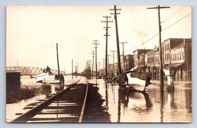 VTG RPPC Peru IL 1919 Flood Water Street Railroad Tracks Bridge Businesses P23