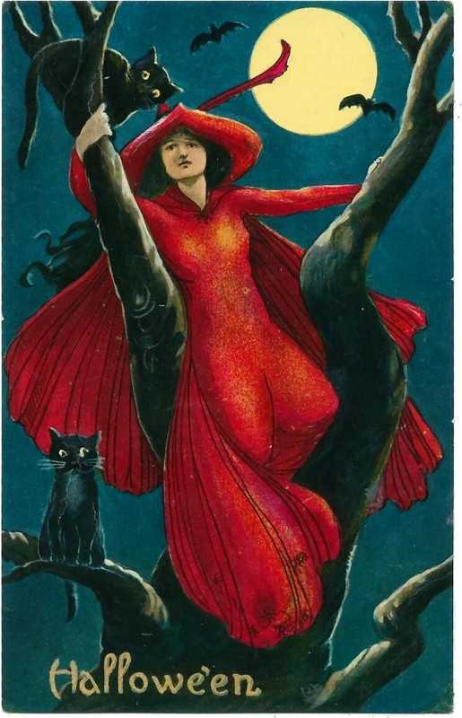Valentine & Sons Halloween - Witch & Cats in Tree, Full Moon RARE! 👀 👀