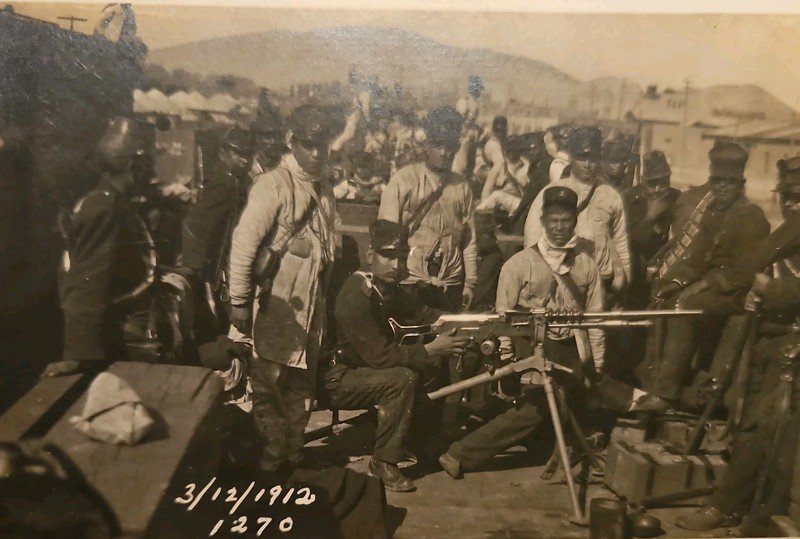 Repeating rifle on traincar Torreon 3/9/1912 Mexican Revolution soldiers RPPC