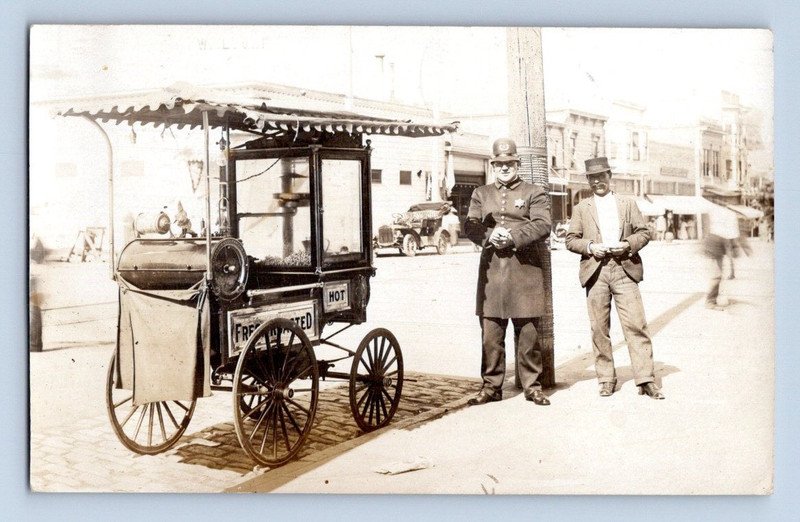 RPPC 1908. POPCORN PEANUT WAGON. VALLEJO, CALIF. POLICE MAN. POSTCARD A2