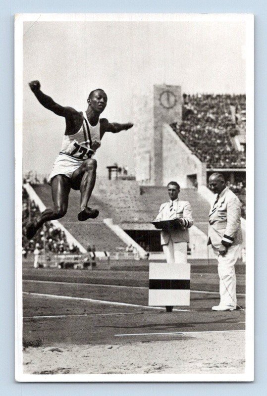 RPPC 1936 JESSE OWENS, BERLIN OLYMPIC STADIUM CANCEL. POSTCARD A2