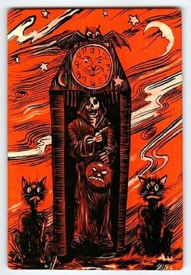 Vintage Halloween Postcard Skeleton In Coffin Bat Moon with Pumpkin & Black Cats
