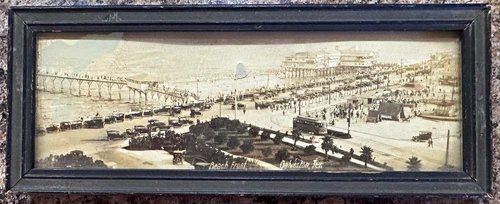 Vintage framed RPPC post card beach front Galveston TX taken from Hotel Galvez