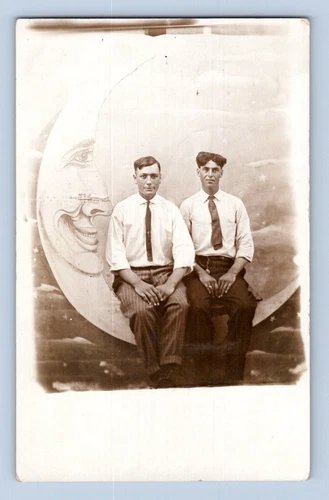 RPPC 1912, PAPER MOON, 2 HANDSOME MEN POSING CAWKER CITY, KS. POSTCARD
