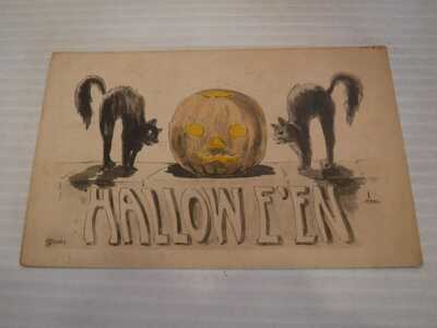 1911 H MILLER HALLOWEEN POSTCARD HAND TINTED JOL 2 ANGRY CATS (SIGNED B BOWLER)
