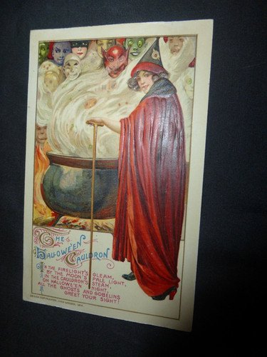 Halloween Winsch RED Robed Witch Postcard-HTF-Great condition W/Goblins