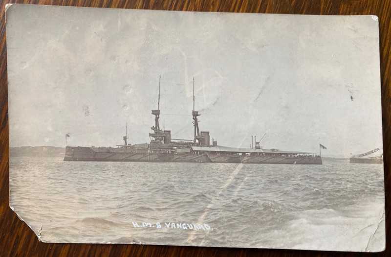 HMS VANGUARD WW1 WAR SHIP Antique 1914 Real Photo Post Card from Crew Member