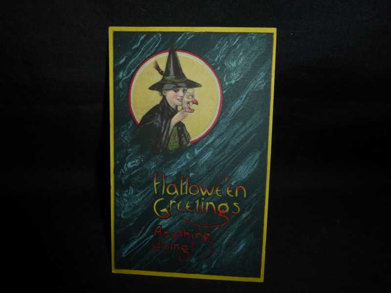 HALLOWEEN POSTCARD--GREAT-RARE-CARD-BEAUTIFUL YOUNG WITCH-POSTED--1916
