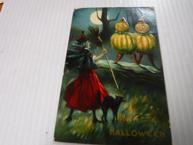 RARE ANTIQUE VALENTINE PUB HALLOWEEN POSTCARD GELATIN CARD POSTED COOL WITCH RAR