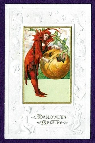 WINSCH HALLOWEEN POSTCARD-PRETTY LADY DEVIL IN RED - IMPS