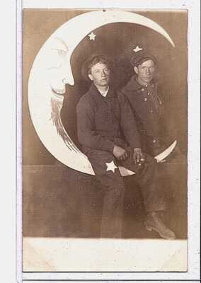 Real Photo Postcard RPPC - Two Men on Paper Moon Studio Prop