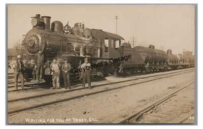 RPPC Railroad Train at Station Depot TRACY CA California Real Photo Postcard