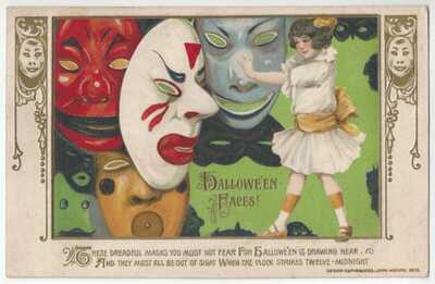 1913 Schmucker Winsch HALLOWEEN Faces Postcard - Girl & Masks - Rare Series