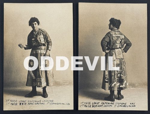 Unusual Pair (X2) Cheapest Costume postcard RPPC Saint Leonards UK Banner Girl