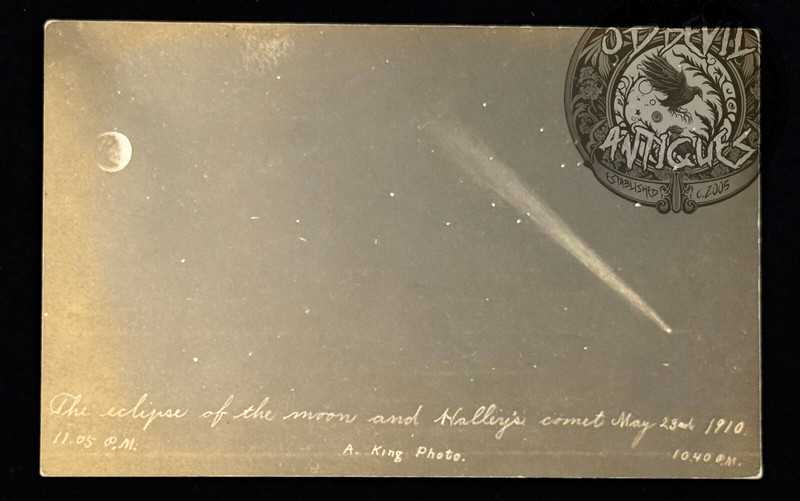 1910 RPPC Halley's Comet Eclipse Moon Archer King KS exaggeration space postcard