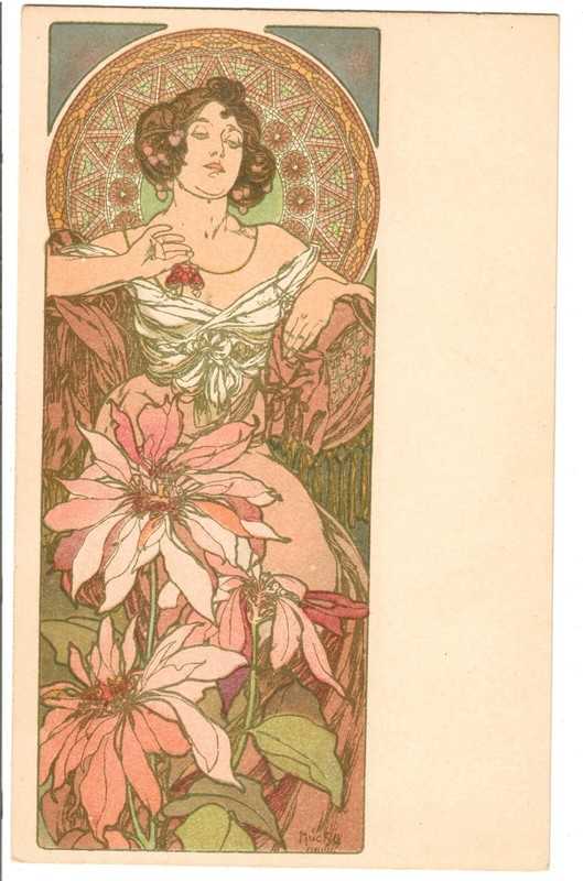 Beautiful Woman in Flowers Art Nouveau Alphonse Mucha c1900 Vintage Postcard