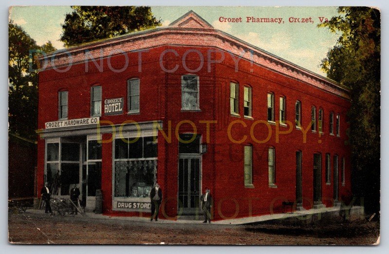 Crozet Pharmacy Crozet Virginia VA Drug Store Hardware Store Hotel 1912 Postcard