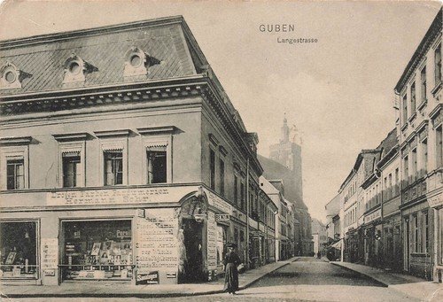Postcard Guben Langstraße drugstore Hermann Sohr Brandenburg 1917 field postcard