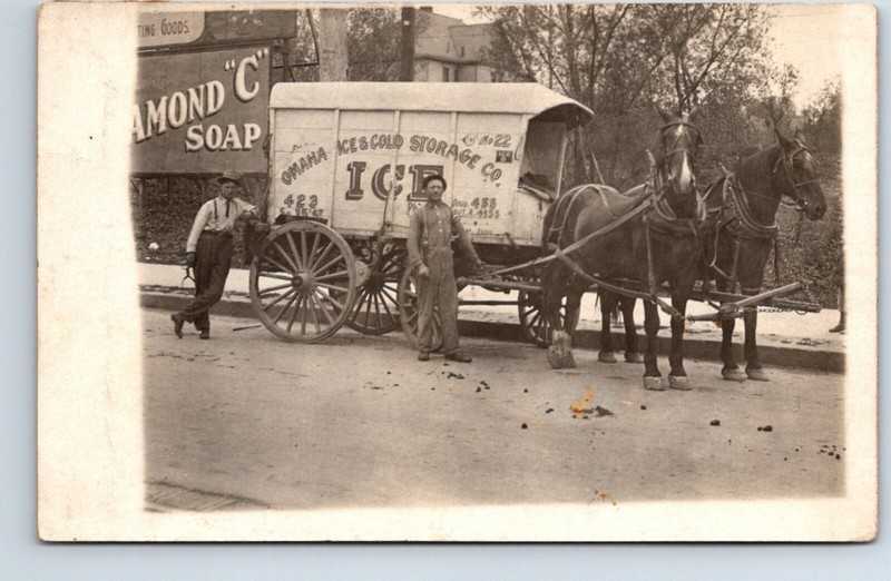 RPPC Real Photo Postcard Nebraska Omaha Ice & Cold Storage Co Horse Drawn