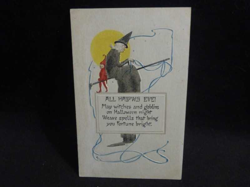 Halloween Postcard-Posted-1916-Talented Pixie In Red Riding on Back of Witch