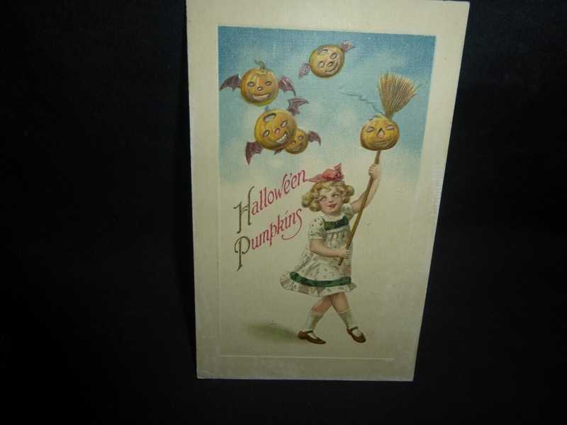 Hallowwen Postcard-Winsch- Happy Child with her balloon on Her Broom