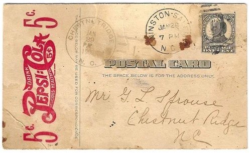 Rare 1909 Pepsi Cola Advertising Postcard Winston-Salem Bottling NC Antique