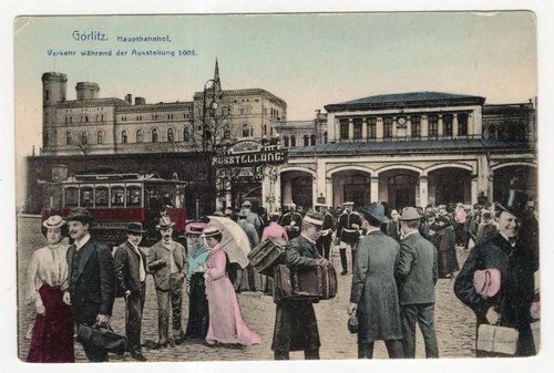 Litho Postcard Görlitz Central Station Transport During Exhibition 1905 Tram