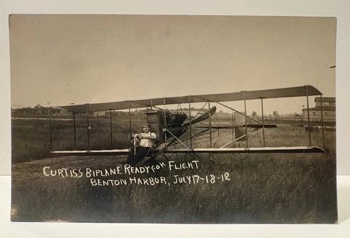 Antique 1912 Curtiss Biplane Plane Photo RPPC Postcard - Benton Harbor, Michigan