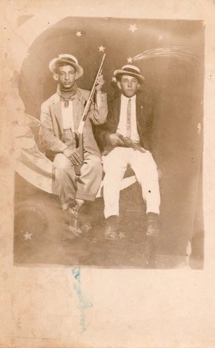 RPPC Mexican American Young Men Holding Rifle & Revolver On Paper Moon - 1914