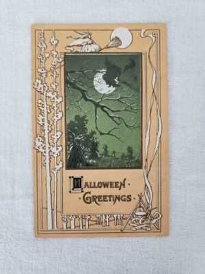 Antique TR Co Embossed Halloween Postcard Witch on Broom, Calderon, Moon, Bats 