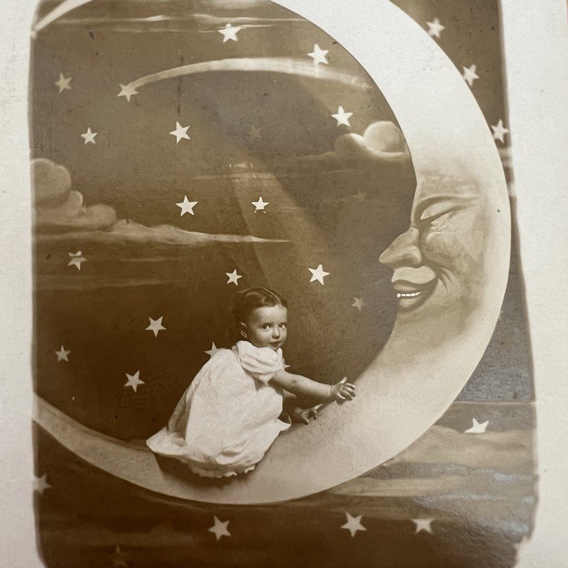 Precious Little One On An Incredible Paper Moon RPPC Real Photo Postcard Vintage