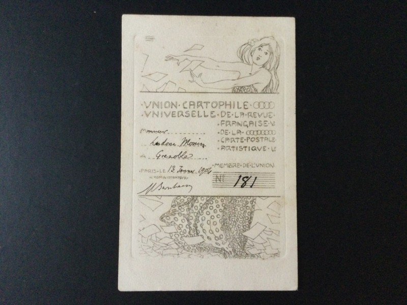 Raphael Kirchner F.3 Union Cartophile Membership card. Posted to Grenoble 1906