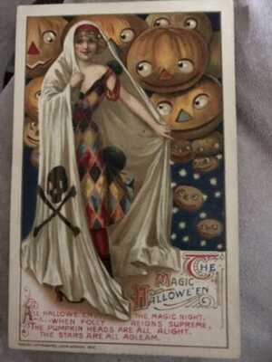 vintage halloween Postcard Winsch Beautiful Girl Pumpkins Magic Embossed 1912