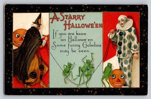 1913 Winsch Schmucker Postcard Halloween Witch Clown Play JumpRope With Gobelins