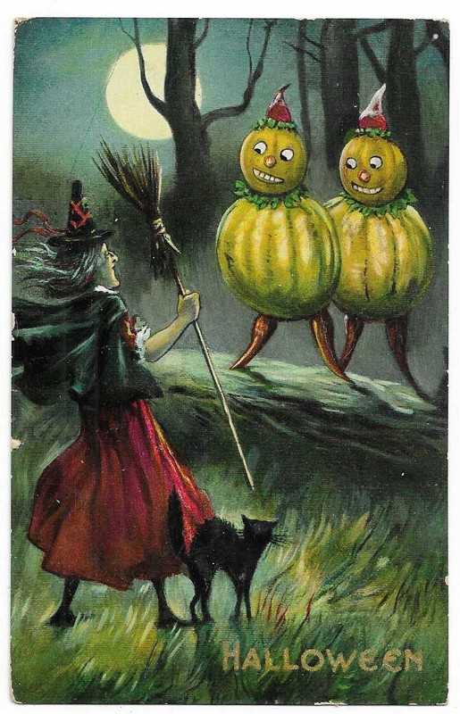 Valentine & Son Halloween Postcard Witch in woods with JOLs