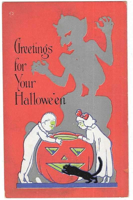 Pink Perfection Halloween Postcard Boy Girl Cat looking inside of JOL Devil abov