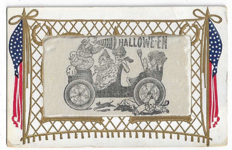 Silk Halloween Postcard Clowns witches in car