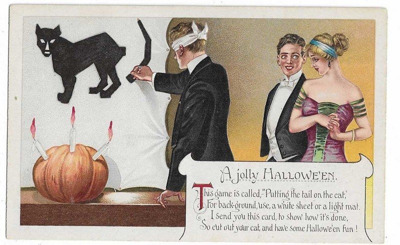 Halloween Postcard "This game is called, Putting the tail on the cat...."