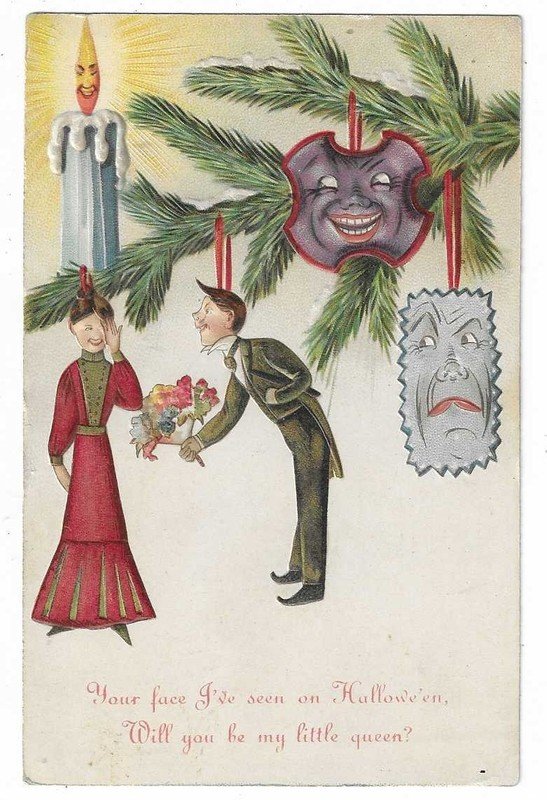 Halloween Postcard Romance Man givng lady flowers