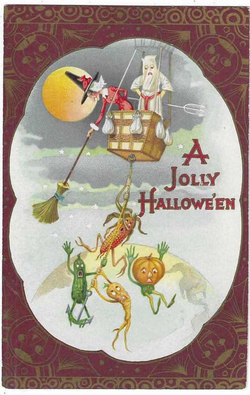 Winsch Halloween Postcard Witch Ghost in Air Basket