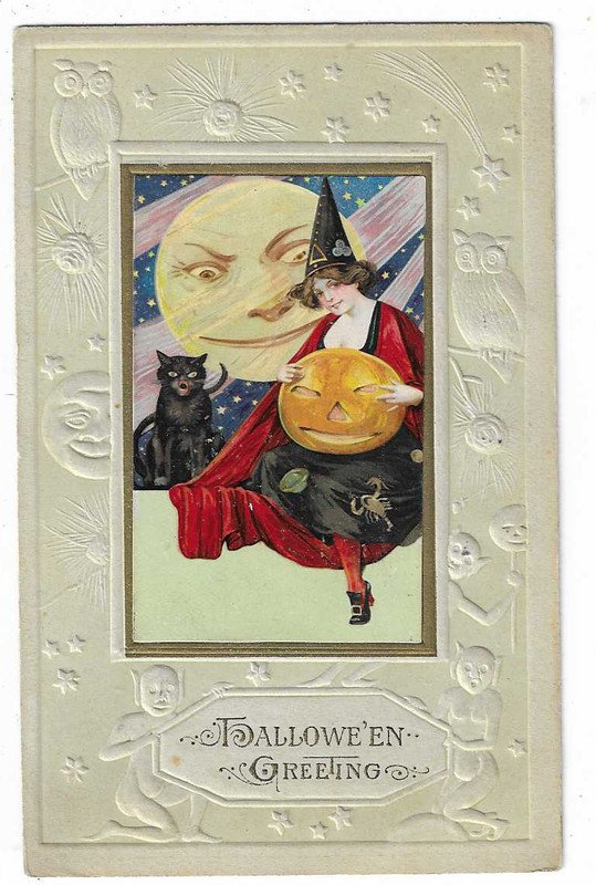 Winsch? Halloween Postcard Girl JOL Cat Moon