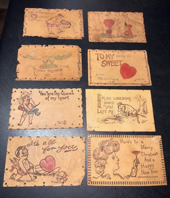 Large (95) Assorted Antique Leather Postcards Lot