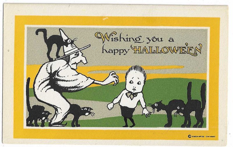 Gibson Art Co. Halloween Postcard witch scaring boy