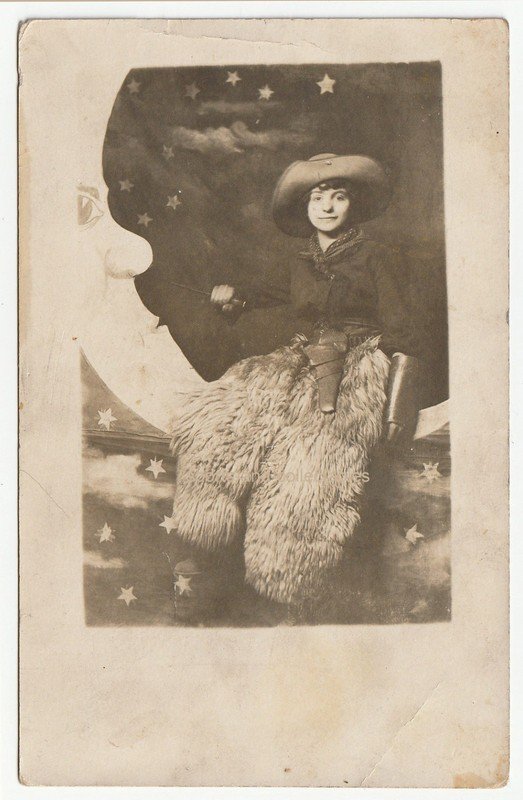 c1910s rppc - Novelty - Crescent Paper Moon / Identified Girl in Cowboy Costume