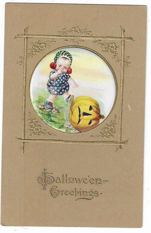 Winsch Halloween Postcard " Halloween Greetings" Girl Kicking JOL