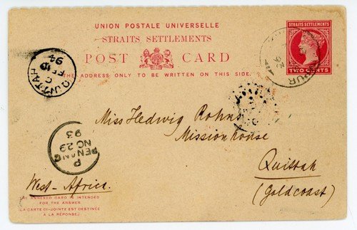 1893 Straits Settlements stationery reply postcard from KL to Quittah Gold Coast